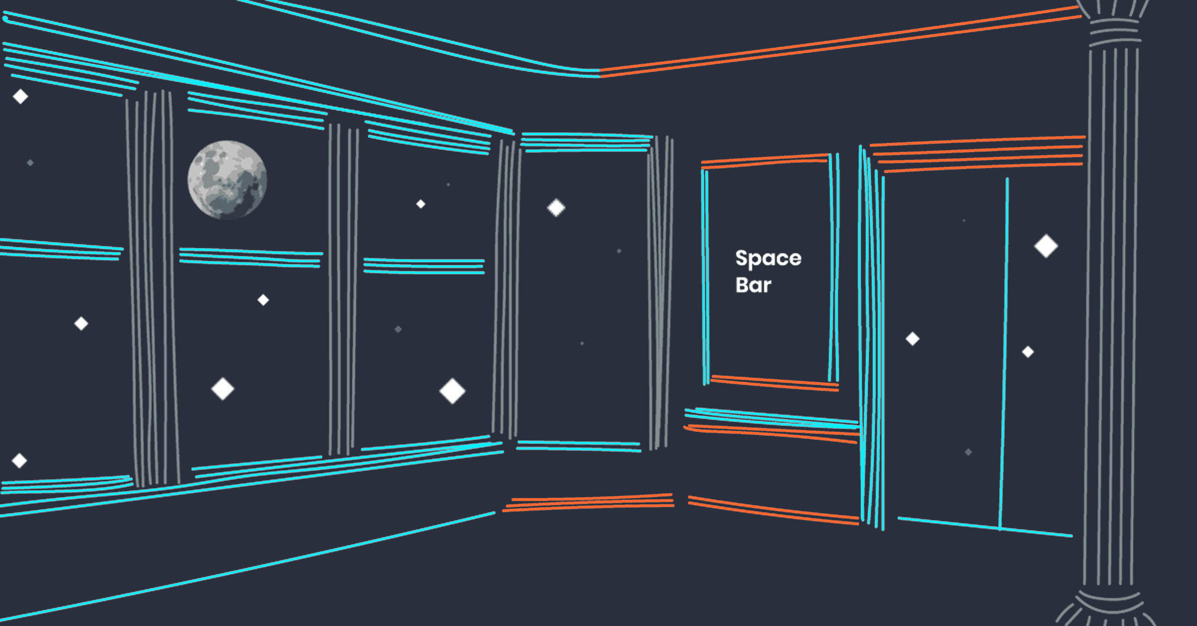 Illustrated space-station lounge with a neon “Space Bar” sign, tall windows and the moon outside